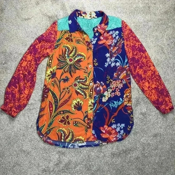 Soft Surroundings Button Down Shirt Long Sleeves Bright Colors Embroidered Sz M - Picture 1 of 8